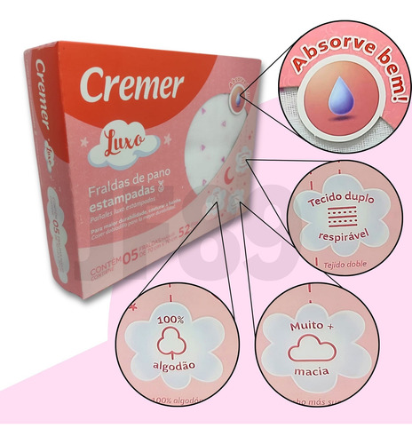 Fralda De Pano Estampada Dupla Camada Cremer Luxo 5 Uni