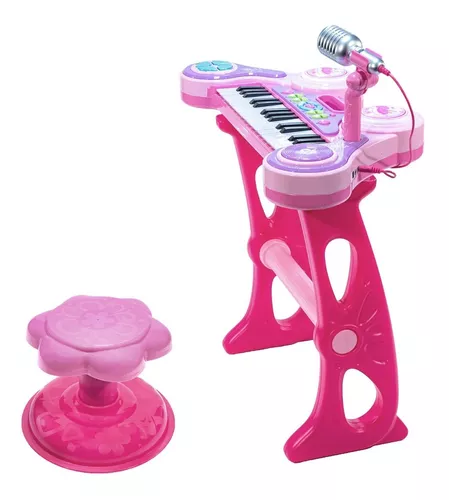 Piano Teclado Infantil C/ Microfone E Banquinho Rosa Inmetro Cor Rosa  Voltagem 0