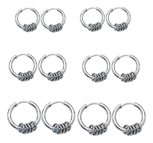 Aros Hombre 6 Pares Aritos Argolla Piercing Acero Quirúrgico