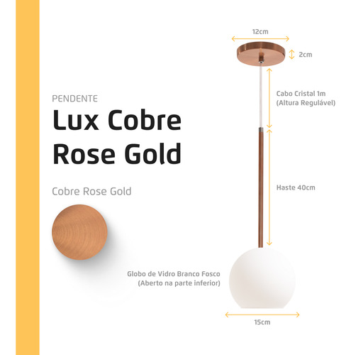 Kit 2 Pendente Lux Cobre Rose Gold Globo Vidro Branco + Led