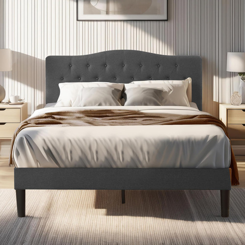 Base De Cama Queen Tapizada Con Cabecera Ajustable Gris