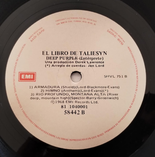 Deep Purple El Libro De Taliesyn Vinilo Lp Arg 1980s Estándar (Usado)
