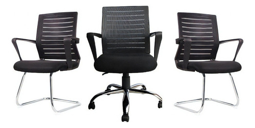 Conjunto Com 3 Cadeiras Pelegrin Pel-8501 Tela Mesh Preta Cor Preto