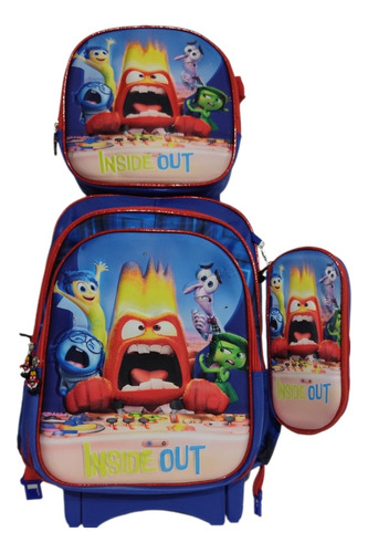 Mochila Lonchera Y Lapicera. Combo De Intensamente Con Llantas, Ruedas O Carrito Rojo Liso