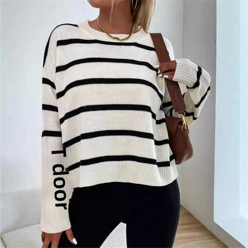 Suéter De Punto A Rayas Para Mujer Con Cuello Redondo Y Mang