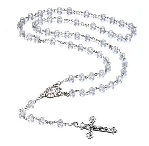 Rosario Católico Con Cuentas De Cristal Transparente, Collar