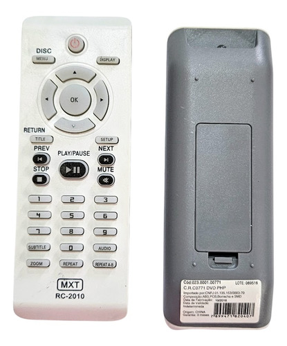 Controle Remoto Para Dvd Philips Mxt Rc2010 Dvp3040 E Outros