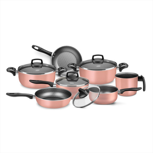 Batería Cocina Olla Cacerola Aluminio Teflón Madri 7p Mta Color Rosa