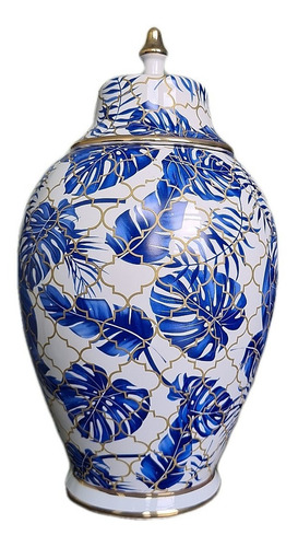 Vaso Decorativo Porcelana Azul E Branco Com Tampa 40x22