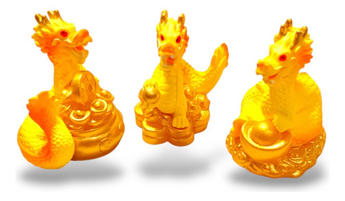 3 Mini Dragon Chino Amarillo Amuleto Prosperidad Año Chino