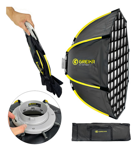 Softbox Octa Com Grid Greika 65cm Dobrável Encaixe Bowens
