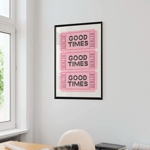 Cuadro Good Times Tickets Retro Rosa Aesthetic Marco Madera