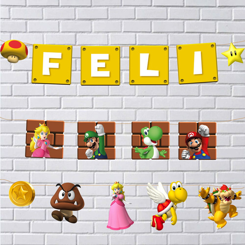 Super Mario Bross: Banderines Textos Editables, Cumpleaños
