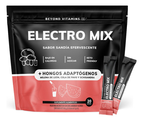 Electrolitos Con Hongos Sin Azúcar En Polvo Beyond Vitamins | Hidratación Baja En Calorías, Apto Dieta Keto | 20 Sticks, Sabor Sandía Efervescente