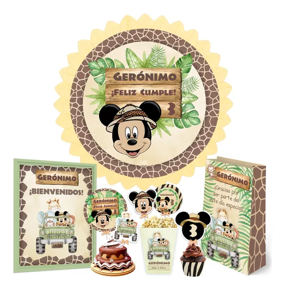 Kit Imprimible Mickey Safari + Banner Circular Fondo Mesa 