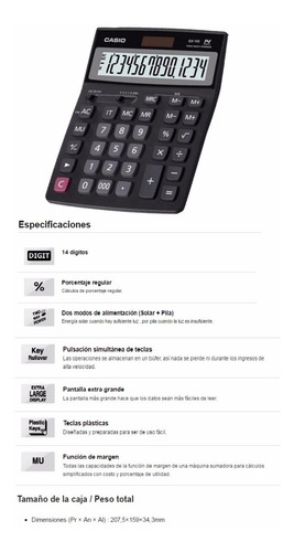 Calculadora Casio Gx 14b 14 Digitos Grandisplay Pila-solar