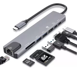 Adaptador Usb Tipo C Multipuerto Hdmi Hub Con Ethernet 8 En1