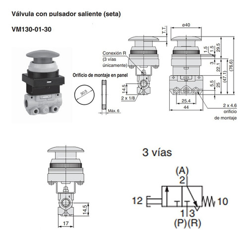 Válvula De Pulsador Botón Hongo Verde 3/2 Manual 1/8 Smc