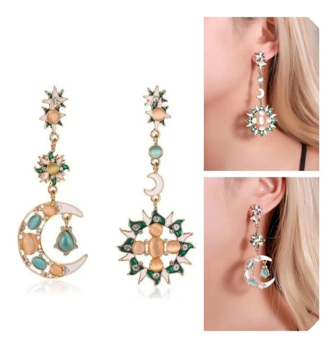 Aretes Largos Con Luna Y Sol Asimétrico Opal Moda 1par