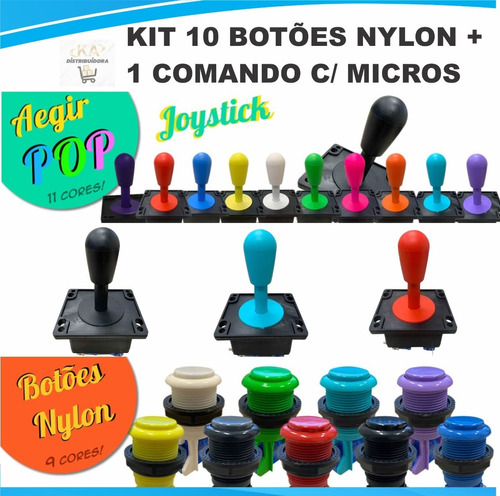 Kit 1 Comando+10 Botões Nylon P/ Fliperama Arcade Games Rasp