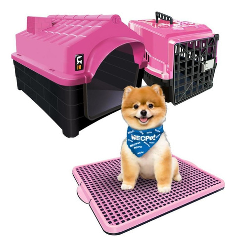 Kit Casinha Caixa De Transporte E Sanitário Pet Dog N1 Cor Rosa