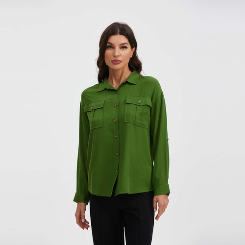 Blusa Mujer Manga Roll Up Verde Oscuro  Fashion's Park
