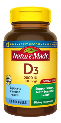 Vitamina D3 Premium 50 Mcg 2,000iu 260 Softgels Nature Made Sabor Sin sabor