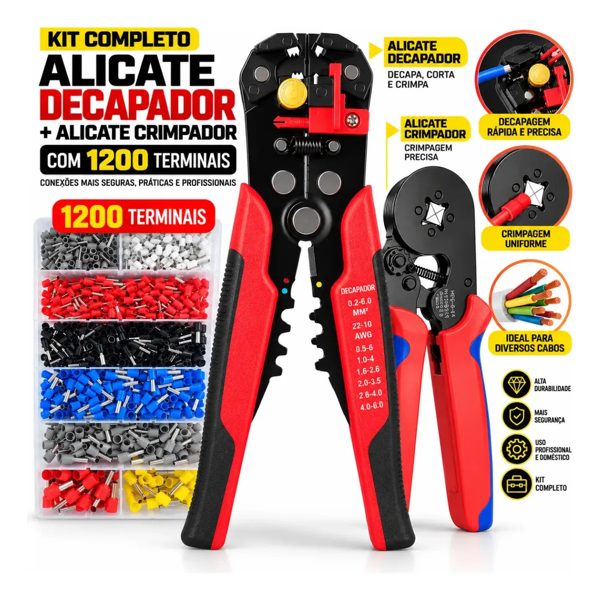 Alicate Crimpar Prensa Terminal Tubular Decapar Descascador Crimpador Ilhós 0,25 Até 10mm Kit Eletricista Profissional