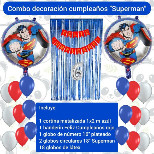 Combo Decoración Cumpleaños Superman Globos Cortina Banderin