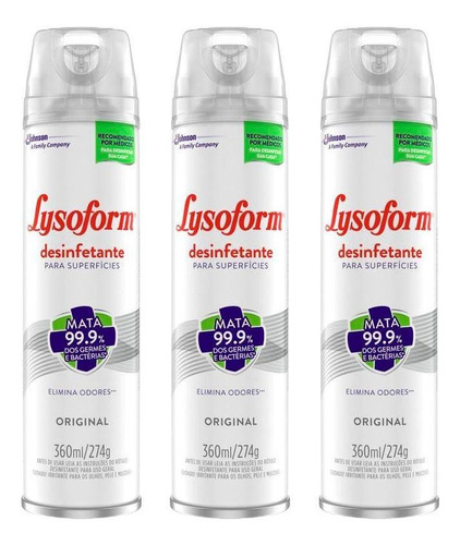 Kit 3 Desinfetante Lysoform Aerossol Uso Geral 360ml