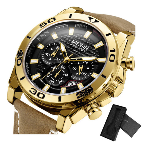 Reloj Megir Chronograph Luminous De Piel Y Cuarzo Color Del Bisel Dorado