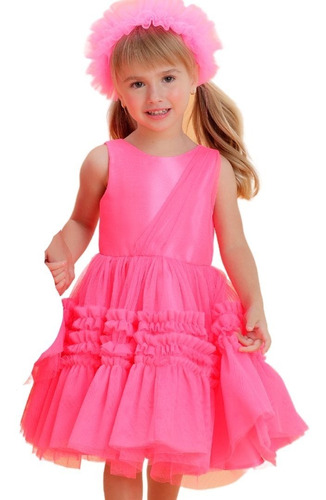 Vestido De Festa Infantil Petit Cherie Neon Rosa Flúor 21122