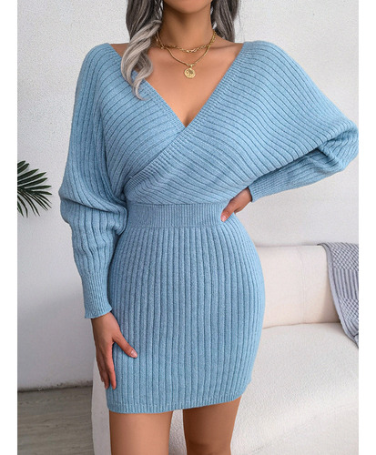 Vestido De Mujer Punto De Invierno De Lana Con Cuello En V