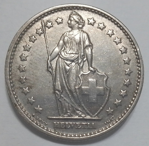 Moneda Suiza Helvetia 2 Francos Año 1968 Excelente Estado