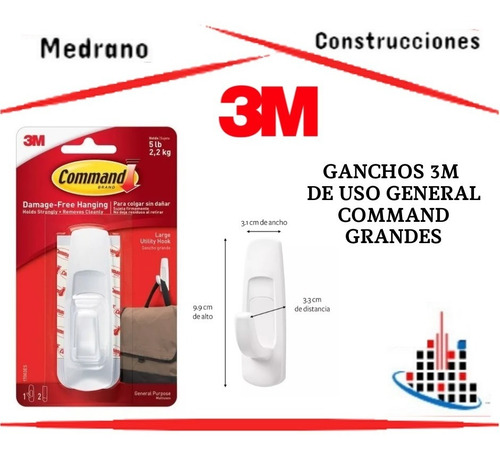 Ganchos De Uso General Command Grandes 3m Adhesivo