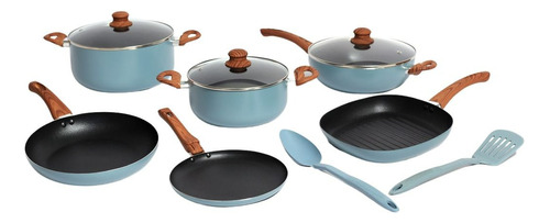 Set Batería Cocina 9 Piezas Antiadherente 2 Utensilios Carol Color Azulino