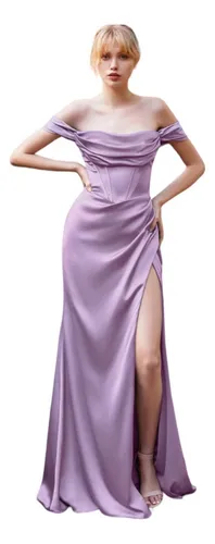 Vestido Lila Bustier Satinado Pierna Abierta Dama Fiesta