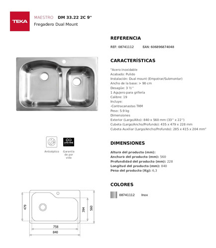 Tarja De Submontar Teka Dual Mount Dm 33.22 2c 9 Ac Inox