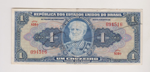 Billete Brasil 1 Cruzeiro Año 1944 Muy Bueno (Usado)