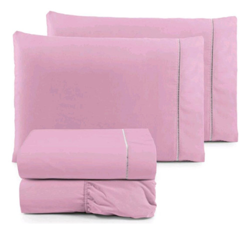 Roupa De Cama De Solteiro 2 Peças Ponto Palito 100% Algodão Cor Rosa