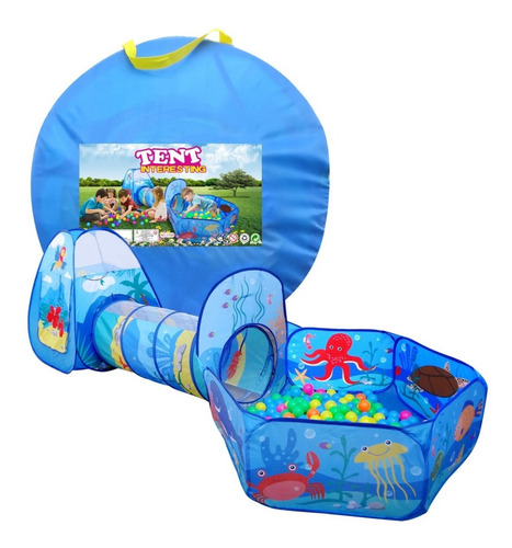 Carpa 3 En 1 Túnel Azul Mar Piscina Con 250 Pelotas Niños