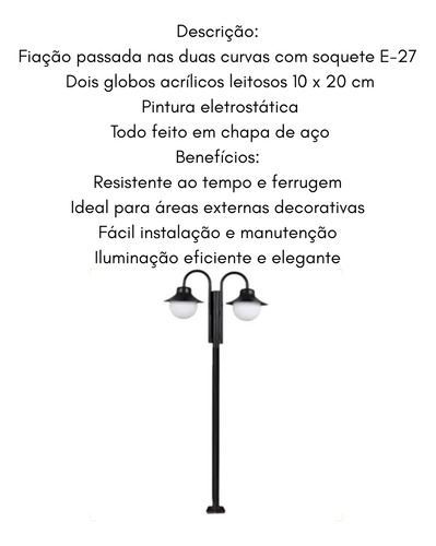 Poste De Jardim Externo Com Chapeú 2,20m Globo Acrílico Pret