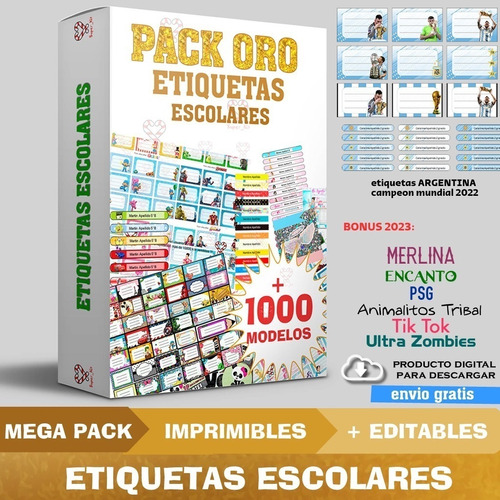 Kit Imprimible Etiquetas Escolares Pack Oro + 1000 Modelos