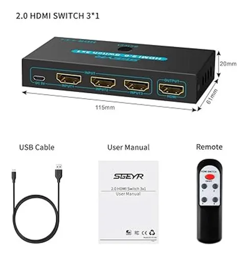 Sgeyr Hdmi 2.0 Switch Splitter 3 Puertos 4k Conmutador