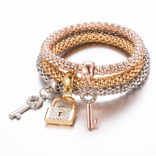 3 Pulseras Candado Clave Cristal Para Mujer Dama Regalo