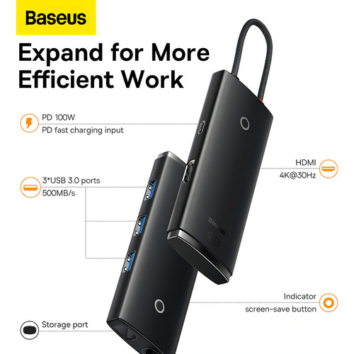 Adaptador de hub Baseus de 5 puertos tipo C/HDMI+USB3.0*3+PD de 100 W