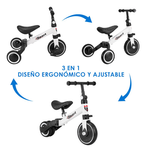 Triciclo Bicicleta De Equilibrio 3 En 1 Para Niños Infantil Blanco