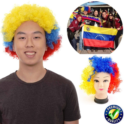 Peluca De Afro Color Amarillo Azul Y Rojo Hinchas Fanaticada