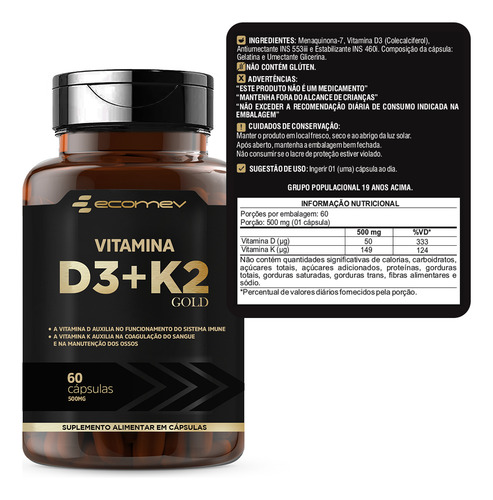 Magnesio Treonato + D3 2.000ui K2 Mk7 149mcg 120cáps Ecomev Sabor Sem sabor