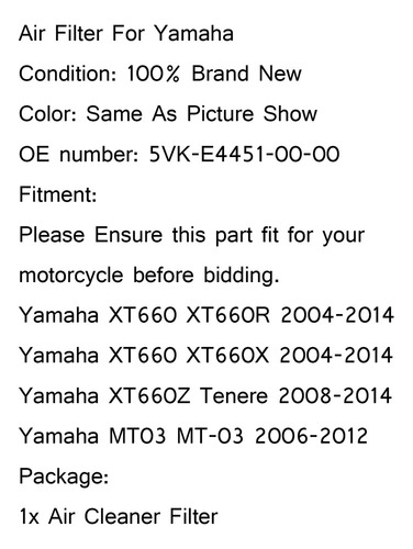 Entrada De Entrada Del Filtro De Aire For Yamaha Mt-03 Xt66